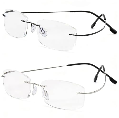 Hubeye Randlose Lesebrille für Herren und Damen Titanium Ultraleicht Metall Komfortable Lesehilfe Anti-Blaulicht Rechteckig Rahmenlose Lesebrillen