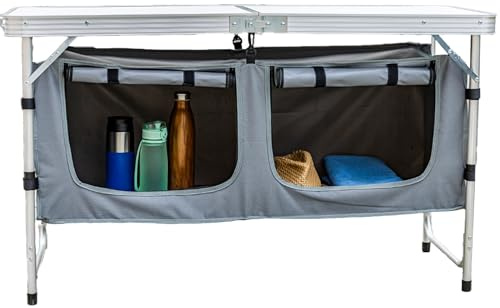 Ondis24 Campingschrank Klapptisch mit Stauraum, Faltbarer Gartentisch Alutisch Picknicktisch Campingküche, klappbar & dreifach höhenverstellbar mit Tragegriff
