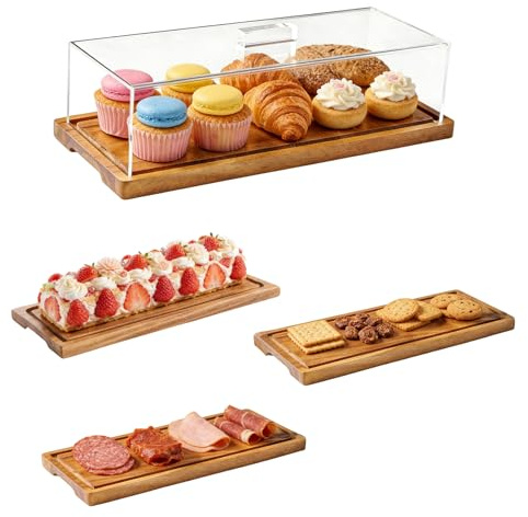 Acacia Wood Cake Stand with Lid,15'' Rectangle Cookie Tray | Acrylic cover,2-in-1 cupcake stand and charcuterie board,display for dessert,cheese,fruit platter at kitchen,party,weddings