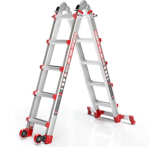 Wolec Telescoping A-Frame Ladder with Wheels & Stabilizer Bar - 17FT Folding Extension Ladder, 330lb Security Load Multi Position Ladders for Stairs Home Indoor Outdoor Roof, Red