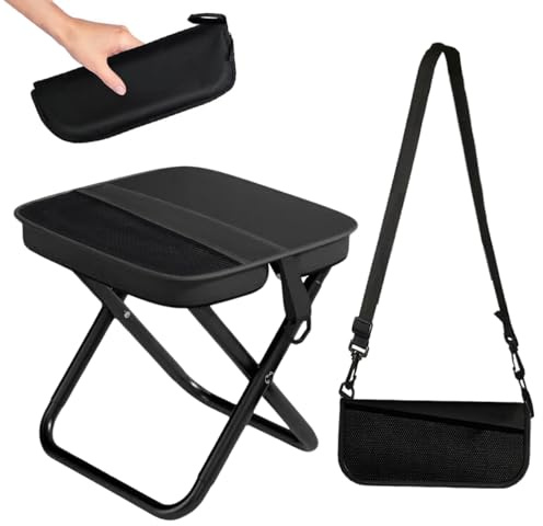 HHDESHSL Sedia Pieghevole Portatile, Mini Sedia Pieghevole per Esterni con Tracolla e Sacchetto a Rete, Sgabello Pieghevole da Campeggio per Viaggi Escursionismo Giardino Pesca Barbecue (Nero)