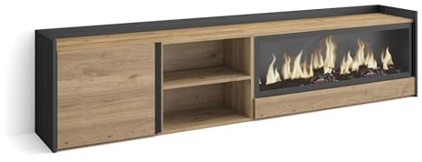 Skraut Home | Mueble TV | Muebles de salón, almacenaje | 212x50x35 cm | para televisión hasta 80 | Chimenea eléctrica XXL | Estilo Moderno | Roble y Negro