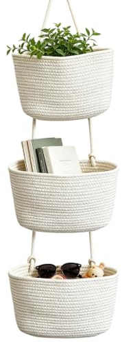 Wall Hanging Storage Baskets, 3-Tier Over the Door Hanging Basket Cotton Rope Woven Storage Basket with Hook Decorative Baskets for Livingroom Kitchen Bedroom (White)
