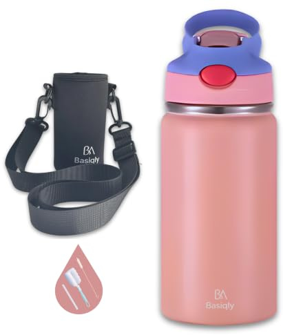 Gourde Isotherme avec Paille, Anti Fuite, sans BPA avec Housse sur mesure, Kit de Nettoyage, Autocollants pour Sport, Ecole, Randonnée, Voyage, Cadeau, Rose Pêche