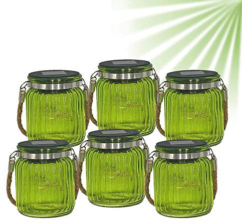 ISOTRONIC LED Solarlampe 6er Set im Einmachglas Stil – Solar Laterne mit 10 LEDs pro Glas & Seilaufhängung – wetterfeste Solar Lampe für Garten, Balkon & Outdoor (Grün)
