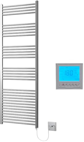 Greened House Electric Chrome 600W x 1800H Straight Towel Rail + Timer and Room Thermostat New Bathroom Towel Rails