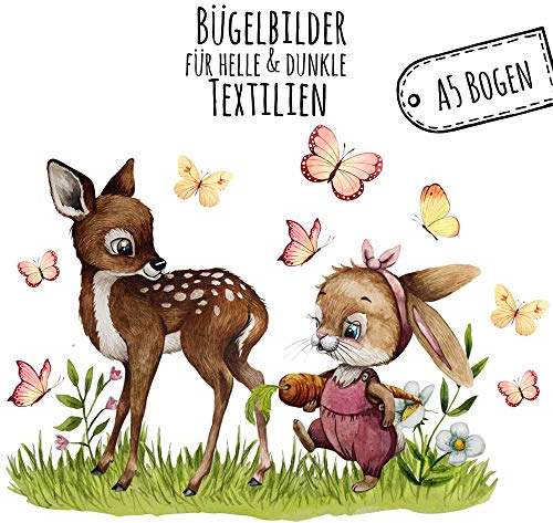 Bügelbilder Hase Häschen Reh Schmetterlinge Set in A5 Applikation Kissen Shirt Taschen Bügelbild Bügelmotiv Patch Aufbügelbilder bb209 ilka parey wandtattoo-welt®