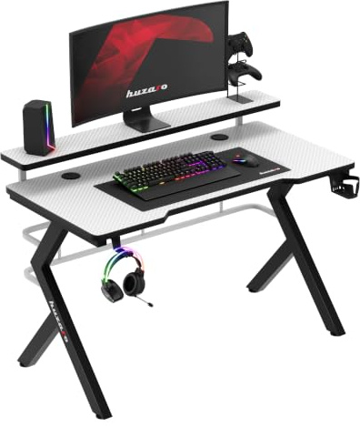 huzaro Hero 5.0 Gaming Tisch - Schreibtisch Computertisch - 120x60 cm | Bürotisch - Monitorständer - Kopfhörerhaken Getränkehalter - Zwei Kabeldurchführung - Carbon Tischplatte - Gamer - Weiß