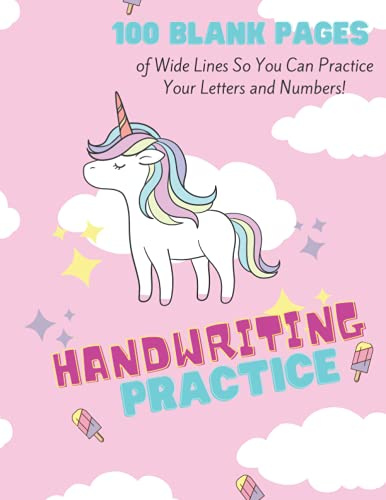 Handwriting Practice Book for Kids Ages 5-8: 100 Blank handwriting pages with dotted lines, Unicorn Themed, pink, for students learning to write letters and numbers