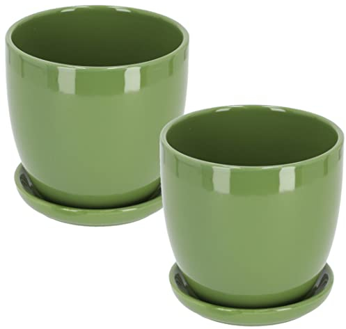 Kotarbau® - Vaso da fiori in ceramica per piante con vassoio antigoccia, diametro di 17 cm, colore verde, set da 2