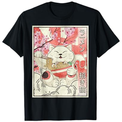 Maneki Neko Katze Isst Ramen Nudeln Japanische Winkekatze T-Shirt