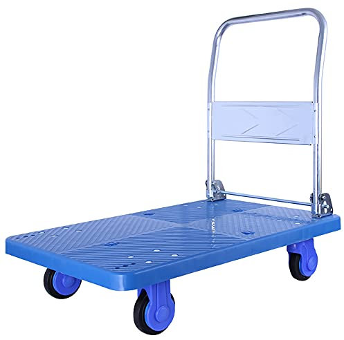 TOMYEUS Plattformwagen Plattform-LKW-Push-Cart mit klappbarem Metall-Griff und Kunststoff-Panel tragbarer 4-Räder-Trolley for Lagerfabrik-Transport Hochleistungswagen (Size : Large-660lb)