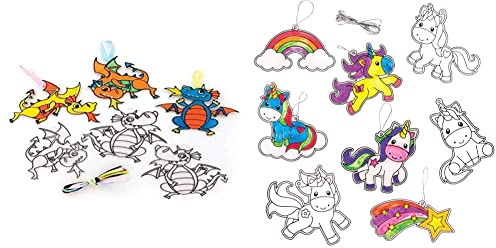 Baker Ross Dragon Suncatchers - Pack of 10, Chinese New Year Craft Kit, Crafts for Kids (FE264) & AR384 Unicorn Suncatcher Decorations (Pack of 8)