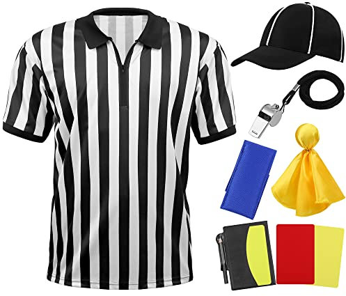 SOMSOC 6 Pcs Referee Shirt, Men Women Zipper Collar Ref Shirt Card Hat Whistle Penalty Flag Sandbag Rugby for Football Soccer
