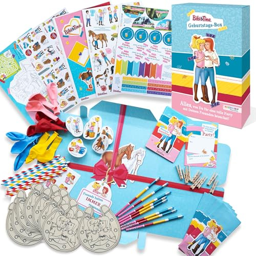Papierdrachen Bibi & Tina Geburtstagsbox - Komplette Party-Deko und Bastelset für Kindergeburtstag (für 8 Gäste) Set 1