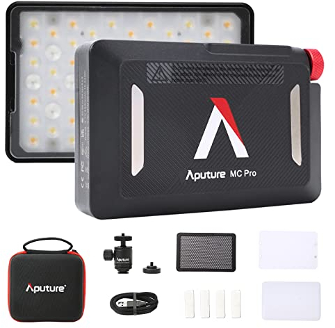 Aputure MC Pro RGBWW - Luce LED portatile tascabile, mini luce da studio a colori con modalità di illuminazione HSI/CCT/FX, dimmerabile 2000K-10000K, luce di ricarica wireless/USB tipo C PCD.