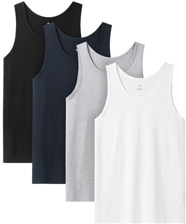 LAPASA Herrar 4-pack linne 100% bomull Klassisk tanktop Andningsaktiv Rund hals Fitness Ärmlös skjorta Muskeltröja M36, Svart+Marinblå+Grå+Vit, 3XL