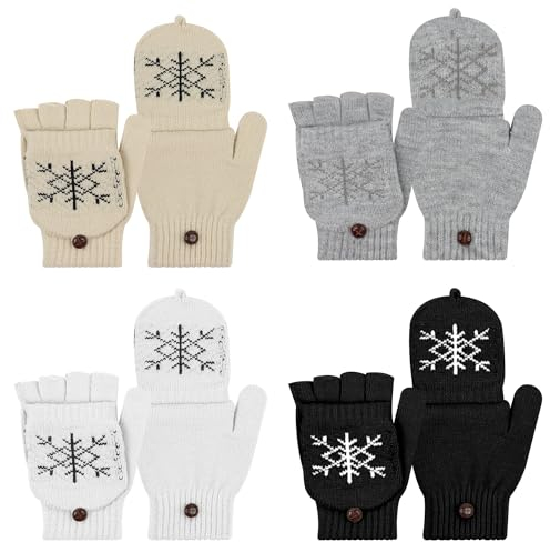 agctrler 4 Paar Winterhandschuhe Herren Damen, Fingerlos Handschuhe mit Kappe, Halbfinger Fäustlinge Warme Wollhandschuhe für Radfahren Fahren Camping Wandern Angeln