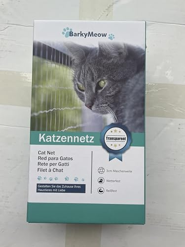 BarkyMeow Balkonnetz für Katzen, 4x3m Katzennetz für Balkon ohne Bohren, Katzengitter Fenster, Katzen Fensterschutz, Katzenschutznetz für Balkon, Fenstern, Terrassen, Türen, Dachluken (Transparentes)