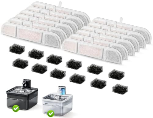 Katzenbrunnen Filter, 12 Stück Filter für Katzenbrunnen und 12 Stück Schwämme und Aktivkohle lonenaustauschharz kompatibel mit 2.5L DownyPaws Trinkbrunnen für Katze Kabellos (DPWFP6)