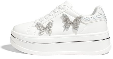LUCKY STEP Women's Chunky Fashion Sneakers High Platform Rhinestone Butterfly Casual Faux Leather Durable Walking Tennis Shoes(White,11)