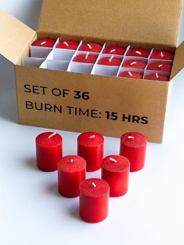 CANDWAX 15 Stunden Votivkerzen 36er Set - Rote Kerzen perfekt als geruchlose Weihnachtskerzen oder Leuchtkerzen - 3,8 x 4,3 cm rote Votivkerzen