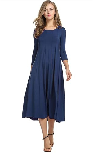 HOTOUCH Ladies A Line Dresses Midi Classic Summer Dress 3/4 Sleeve Elegant Dresses Round Neck Swing Dress with Pockets Navy Blue L