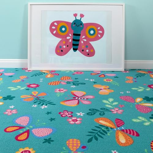 Steffensmeier Teppichboden Sophia Meterware | Auslegware für Kinderzimmer | Spielteppich | Schmetterling Türkis, Größe: 300x300 cm