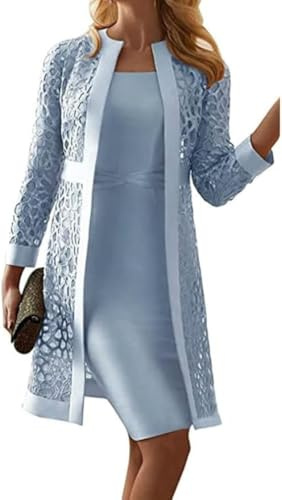 Traje Elegante para Mujer Vestido sin Mangas Informal de Negocios de Moda y Conjunto de cárdigan Hueco de Encaje Conjunto de Vestido de Novia para Fiesta de Boda (Azul,XL)