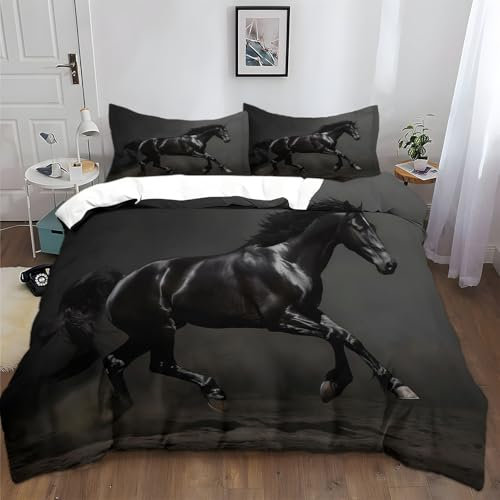 Tierisches Schwarzes Pferd Bettwäsche 135x200 cm Bettwäsche 3er Set Weich Gemütlich Feuchtigkeitstransport Schwarz Bettwäsche Set für Erwachsener Kinder Schlafzimmer