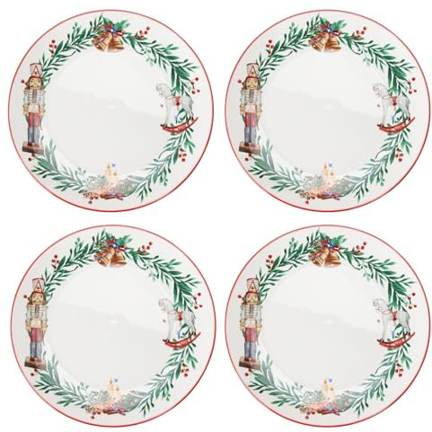Carousel Home Pack of 4 Nutcracker Christmas Plates | Round Ceramic Festive Serving Dishes Christmas Serving Plates | Christmas Tableware Xmas Dinner Plates - 27cm