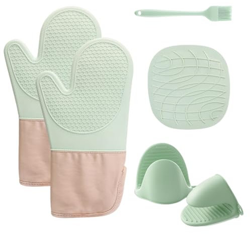Ksvaye 6 Piezas Manoplas Horno Silicona Guantes Horno Cocina Resistentes y Resistente al Calor, Sin BPA Oven Gloves para Cocinar, Hornear y Asar (Verde Menta)