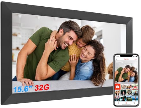 Digitaler Bilderrahmen 15,6 Zoll, Full-HD IPS Elektronischer Fotorahmen Groß Touchscreen WLAN. 20.000 Fotos(32GB) Frameo Digital Photo Frame, Teilen von Bildern/Musik/Videos, Schwarz