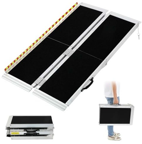 Wheelchair Ramp,2.135m Folding Portable Aluminum Ramp, 362kg Capacity,with Transition Plate and Reflective Warning Stickers, for Wheelchair Scooters Power Chairs Walkers Metallic