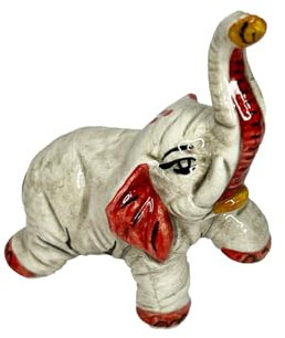Caltagione - Elefante de cerámica hecho a mano con animales de la suerte, pie en color rojo