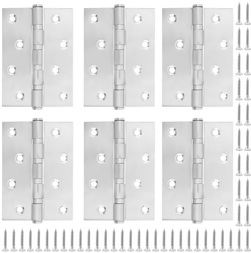 SENJEOK 6 PCS 4 Inch Stainless Steel Hinges with Screw, 100 x 75 mm Silver Ball Bearing Door Hingers for Wood Cabinets, Cupboards