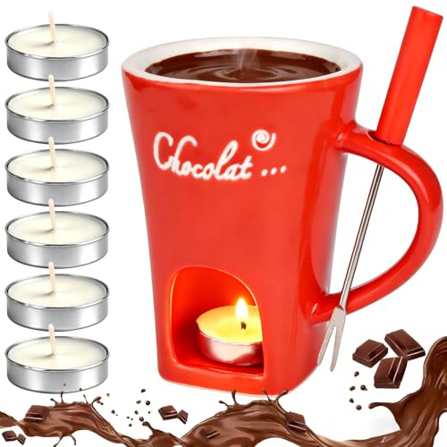 Chocolate Fondue Mug with Fork and 6 Candle, Valentines Gifts for Her Girlfrien, Ceramic Chocolate Cups, Fondue Mugs Melting Cup for Birthday Date Night Birthday Wedding Gifts