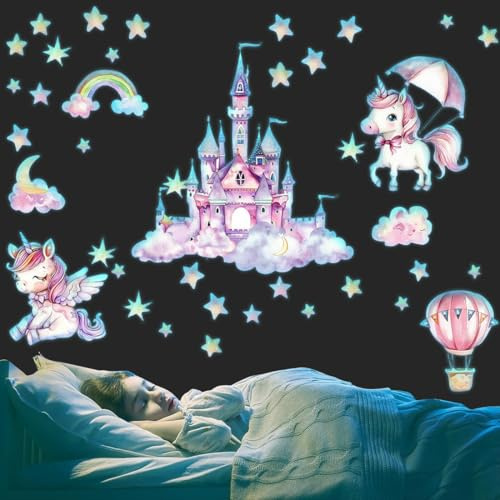DEFGNOP Autocollants muraux Fluorescents Licorne Arc-en-ciel, Licorne Autocollant Lumineux Autocollants Muraux Enfants Papillons Montgolfière Étoile Décoration Murale Crèche Chambre Enfants