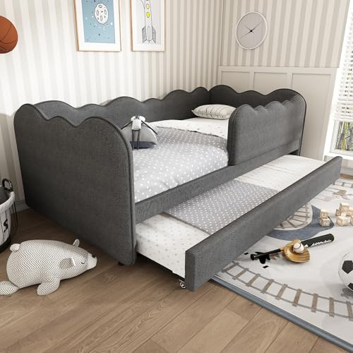 TOBIDOEN Kinderbett Tagesbett 90x190 cm mit Ausziehbett aus Leinenstoff, Polsterbett Daybett mit Abnehmbares Geländer, Ausziehbares Jugendbett mit Rollen (Grau, ohne Matratze)