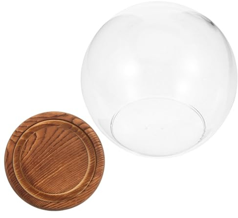 HANABASS Cloche en Verre Ronde 12 CM avec Socle Bois Vintage Couvercle Transparent pour Fleurs Stabilisées Décoration Terrarium et Micro-Paysage Protection Anti-Poussière Bureau et