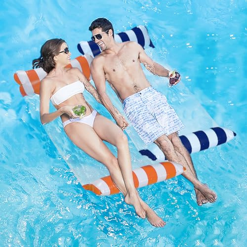 Hamaca de Agua, 2pcs Hamaca Flotante, 4 En 1 Piscina Tumbona Hamaca Inflable, Hinchable Plegable Flotador Piscina, Hamaca Flotante Piscina (Azul Oscuro Naranja-1)