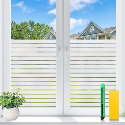 Weeoley Fensterfolie Sichtschutzfolie Milchglasfolie 75x120 cm Streifen | Blickdicht, statisch haftend ohne Klebstoff, UV-Schutz, lichtdurchlässige Dekorfolie für Fenster, Büro, Wohnzimmer und Balkon