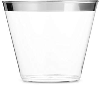 Munfix 100 Silver Plastic Cups 9 Oz Clear Plastic Cups Old Fashioned Tumblers Silver Rimmed Cups Fancy Disposable Wedding Cups Elegant Party Cups with Silver Rim