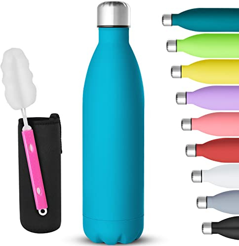 GeeRic Gourde Isotherme 750ML, Gourde Inox Isotherme à Double Paroi Isolée sous Vide 12 Heures Chaudes et 24 Heures Boissons Froides Bouteilles Matte Bleu