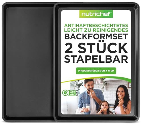 NutriChef 2-Piece XL Mega Cookie Sheet Baking Pans Set - 22 x 16 Extra Large Nonstick Carbon Steel Oven Baking Tray Pans, Stackable Bakeware, Black - NCLGBP16