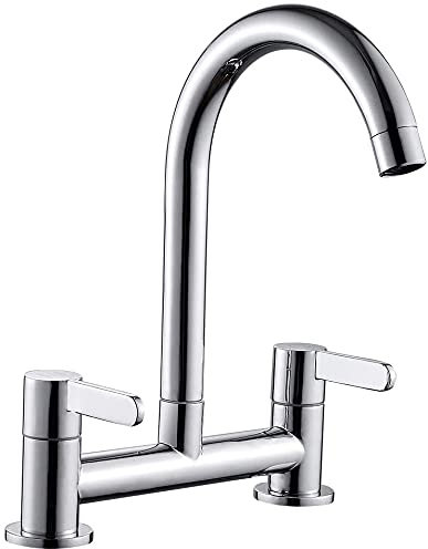 Keyohome Kitchen Mixer Taps 2 Hole 360° Swivel Spout Chrome Dual Lever Kitchen Sink Taps, Cold and Hot Mixer Tap Deck Mounted 1/4 Turn Faucet with UK Standard Fittings 2 Hole Bridge Tap