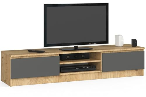 AKORD Low Board K-160 | TV-Shrank mit EIN offenes Regalfach | Fernsehkommode 2 Ablagen mit Klapptüren Links und rechts | H33 x B160 x T40 cm | Gewicht 30 kg | Farbe Artisan Eiche/Graphitgrau