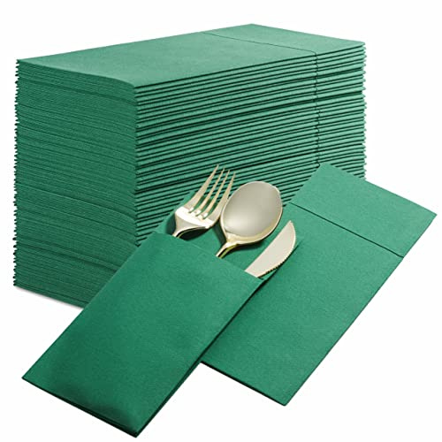 Lot de 50 serviettes de table jetables au toucher lin avec poche intégrée pour couverts, vert pré-pliées en tissu comme serviettes en papier pour dîner, mariage ou fête [argenterie non incluse]