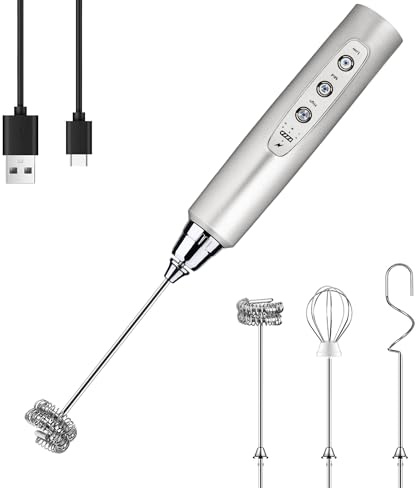 YUSWKO Rechargeable Milk Frother Handheld with 3 Heads, Silver Coffee Electric Whisk Drink Foam Mixer, Mini Hand Stirrer with 3 Speeds Adjustable for Latte, Cappuccino, Hot Chocolate, Egg