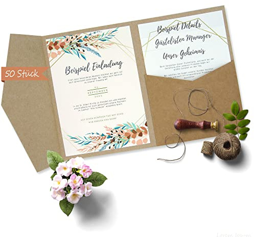 50 pezzi Carta Kraft Pocketfold per Invito di Nozze in Bianco | 121 x 158 mm per Busta DIN B6 | 300 g/m² | Crea Inviti di Nozze Personalizzati | Carta Pocketfold per Matrimonio | Biglietti Piegati